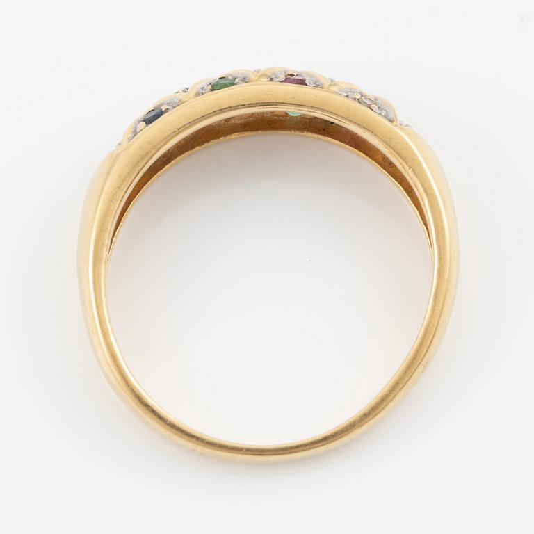 Ring, and a pair of earrings, 18K gold set with small rubies, emeralds, sapphires, and diamonds.