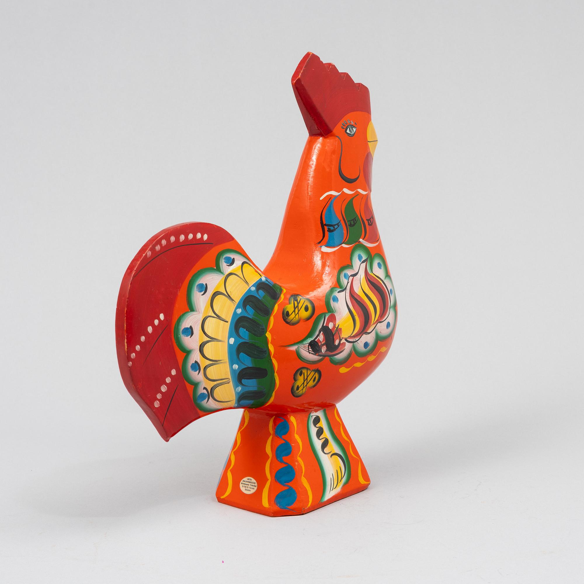 A carved wooden Dalecarlia horse and rooseter, Sweden, 1970's-80's.