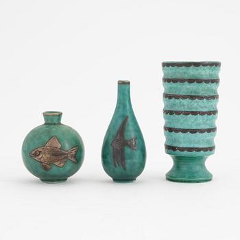 Wilhelm Kåge, a group of four stoneware vases, two bowls, three dishes and two lidded boxes, 'Argenta', Gustavsberg.