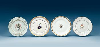 A set of four armorial dinner plates, Qing dynasty, 18th Century.