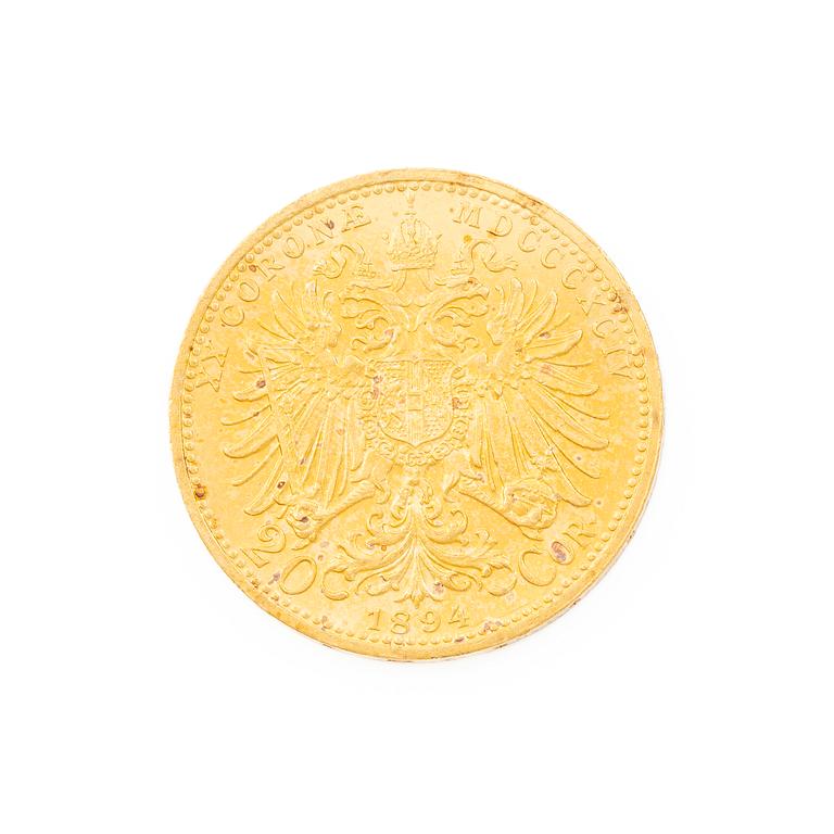 Guldmynt, Österrike-Ungern, 20 Corona, 1894.