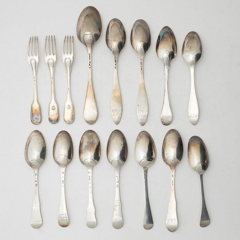 14 pieces of older silver spoons and forks, Sweden, 18th & 19th century.