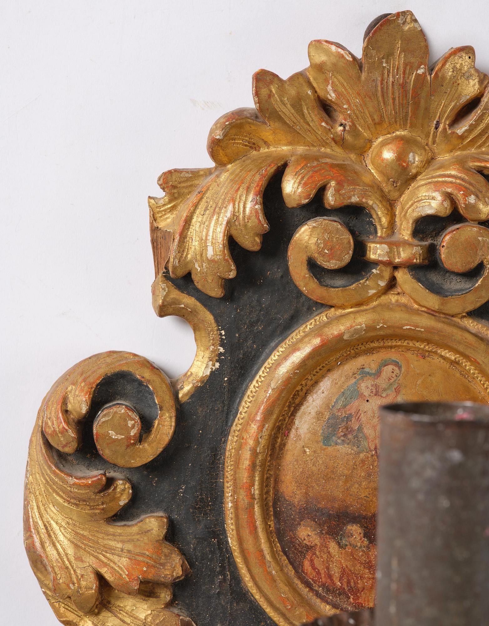 Wall sconces, a pair for one candle, Italy, 19th century, Baroque style.