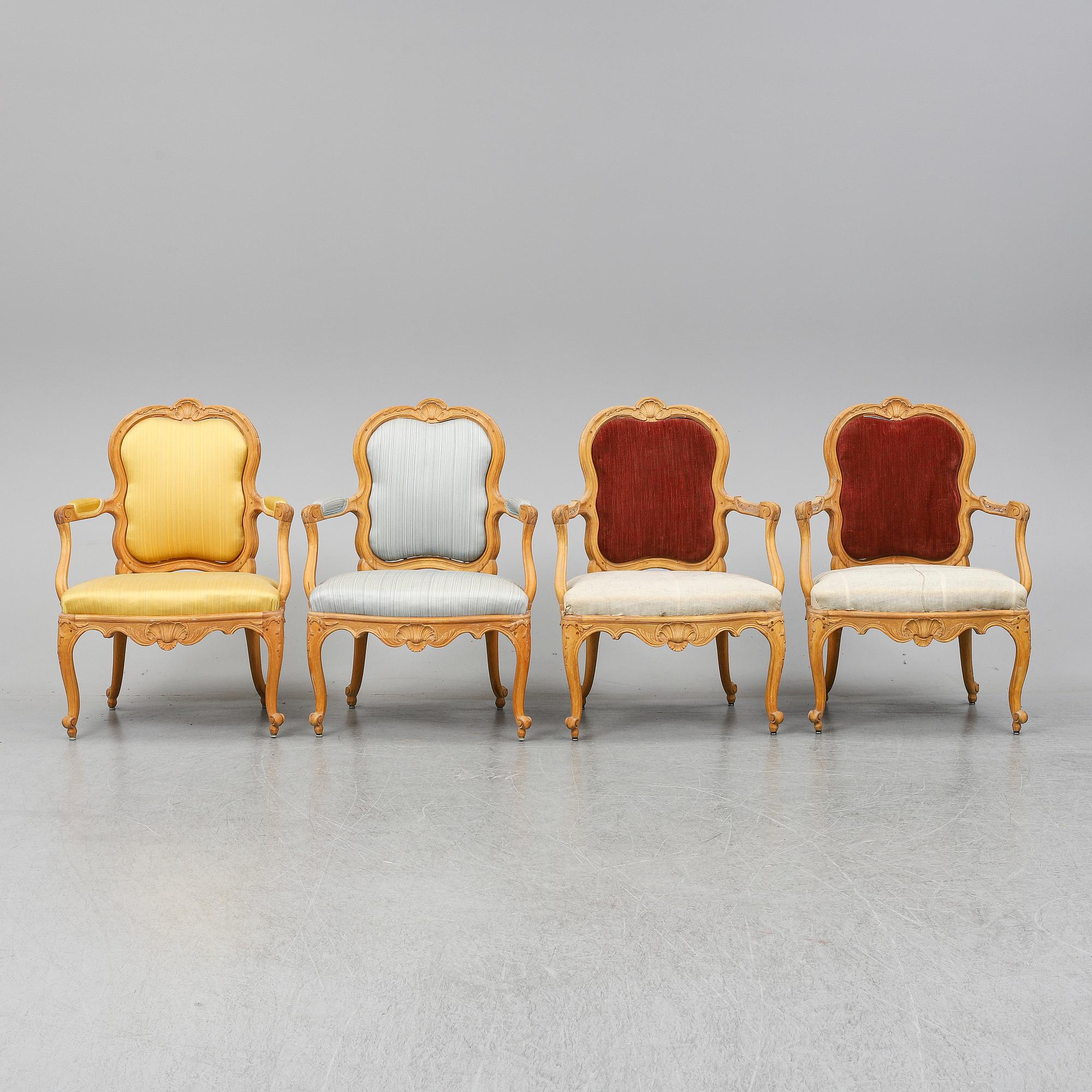 A set of four Swedish rococo chairs.