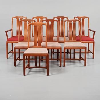 STOLAR, 6 st, samt KARMSTOLAR, ett par, "Ambassadör", Carl Malmsten, Rydéns Interiör, tillverkade 1985.