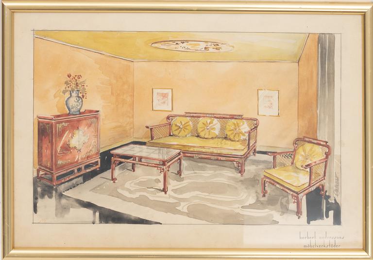 A Swedish Grace sofa, armchair and coffee table, Herbert Anderssons Möbelverkstäder, 1920's.