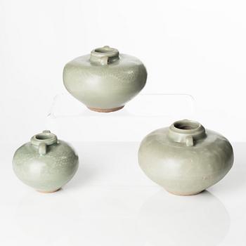 A group of three celadon glazed pots for the South East Asian market, 15/16th Century.