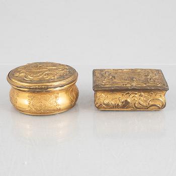 Two Louis XV gilt copper snuff boxes, later part 18th century.