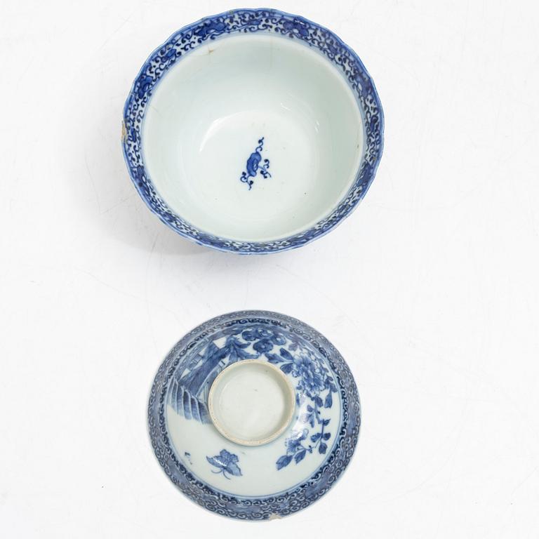 A blue and white butter dish with stand and cover, and a blue and white bowl with cover, China, Qianlong (1736-95).