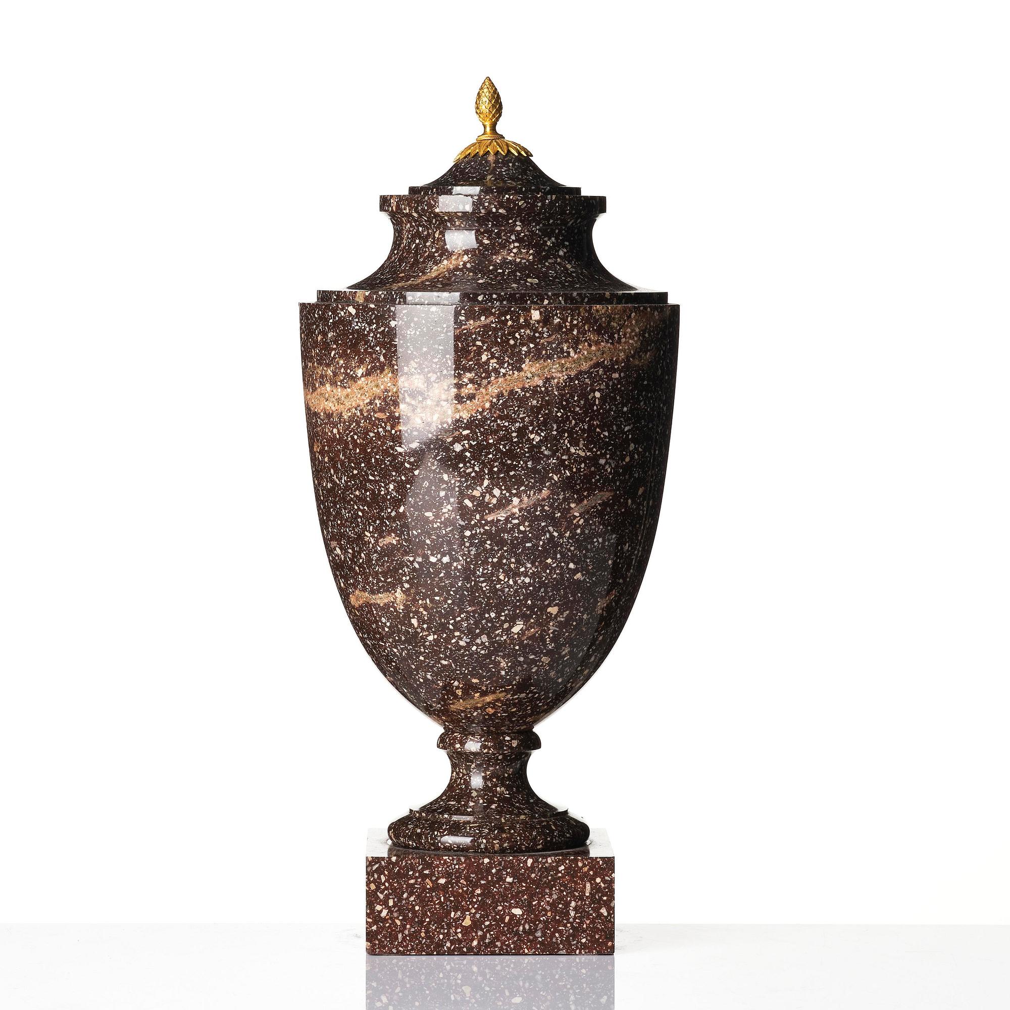 A late Gustavian ormolu-mounted 'Blyberg' porphyry urn, early 19th century.