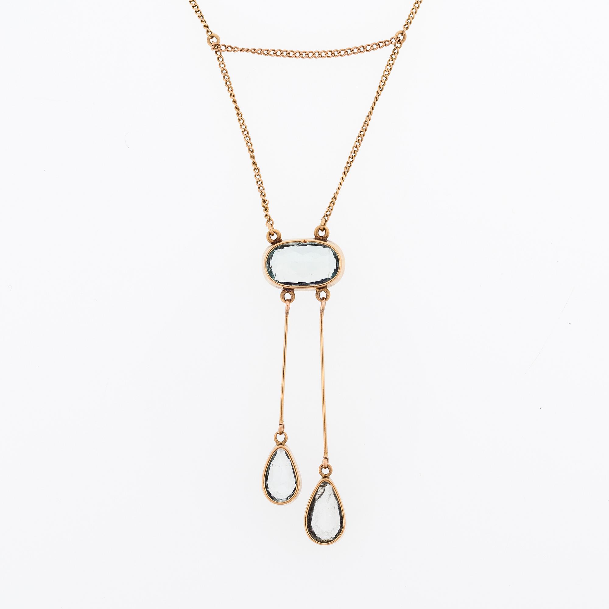 HALSSMYCKE, fasettslipade akvamariner, 14K guld. Hugo Grün, Helsingfors.