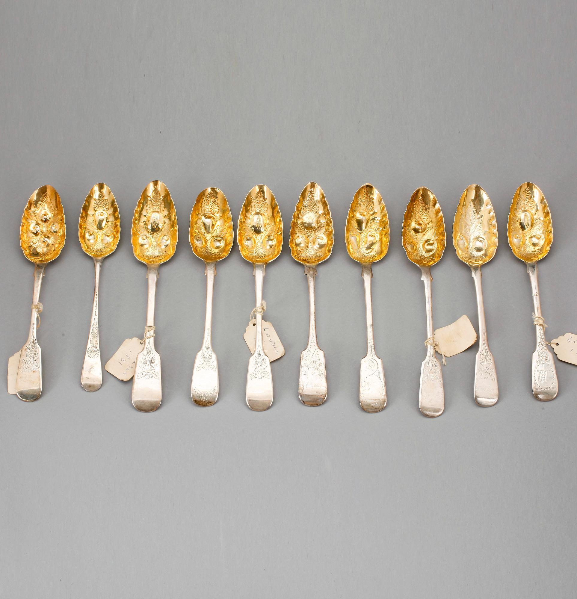 MATSKEDAR, 10 st, silver, mest London och 1800-tal. Tot ca 680 gram.