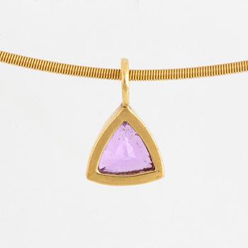 Cox & Power 18K gold wire with triangular 18K gold pendant with trilliant-cut pink sapphire.