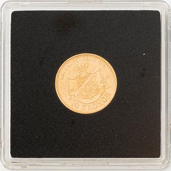 Guldmynt, Oscar II, 10 kronor, typ III, Sverige 1901.