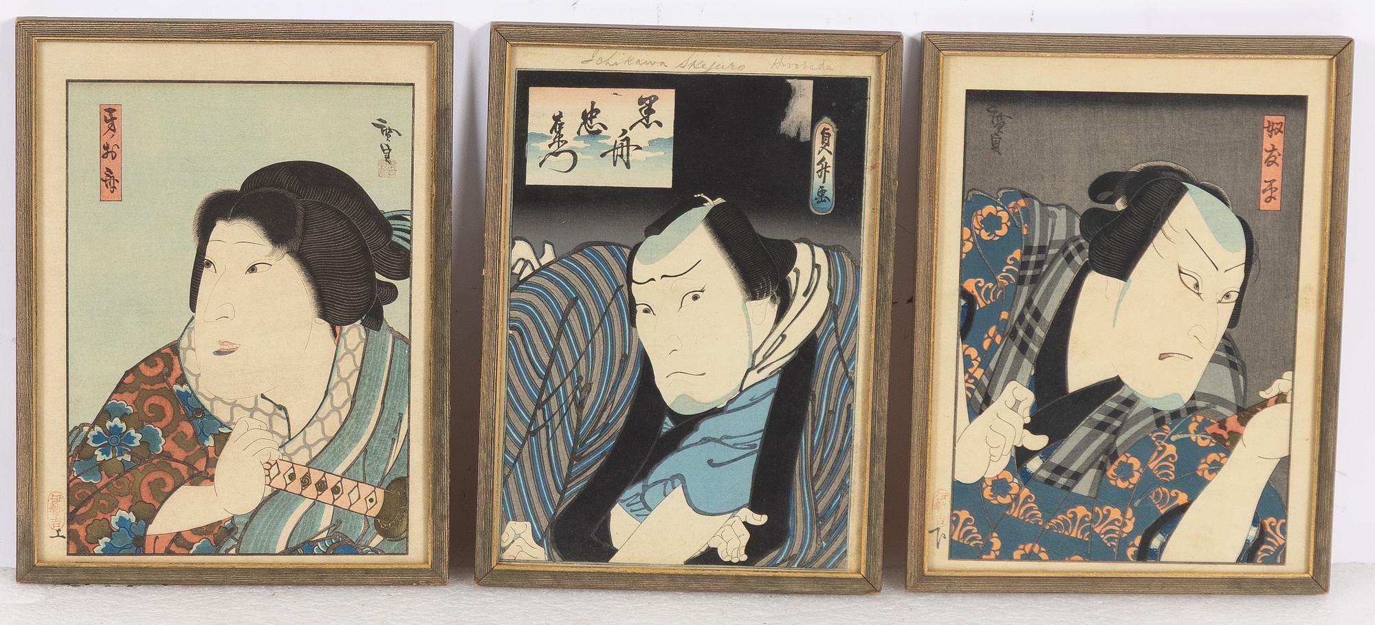 Woodblock prints, including Sadamasu II Gochotei and Konishi Hirosada, portraits of kabuki actors.