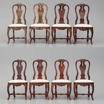 A set of eight matched (2+6) Swedish Rococo chairs, Stockholm, second part of the 18th century.