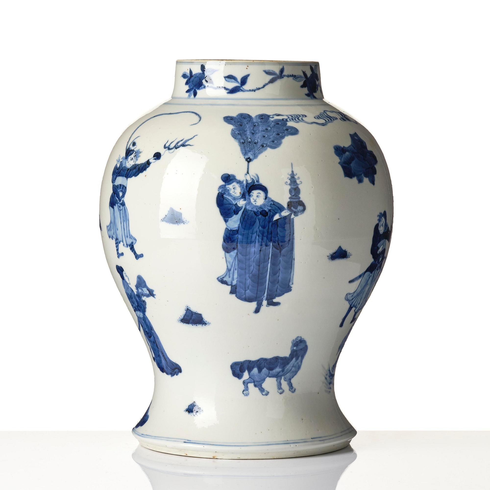A blue and white 'foreigners bearing tribute' jar, Qing dynasty, 19th century.