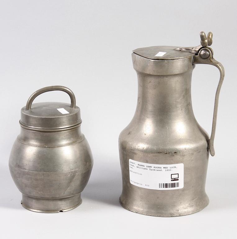 KANNA SAMT KRUKA MED LOCK, tenn, möjligen Tyskland. 1800-tal.