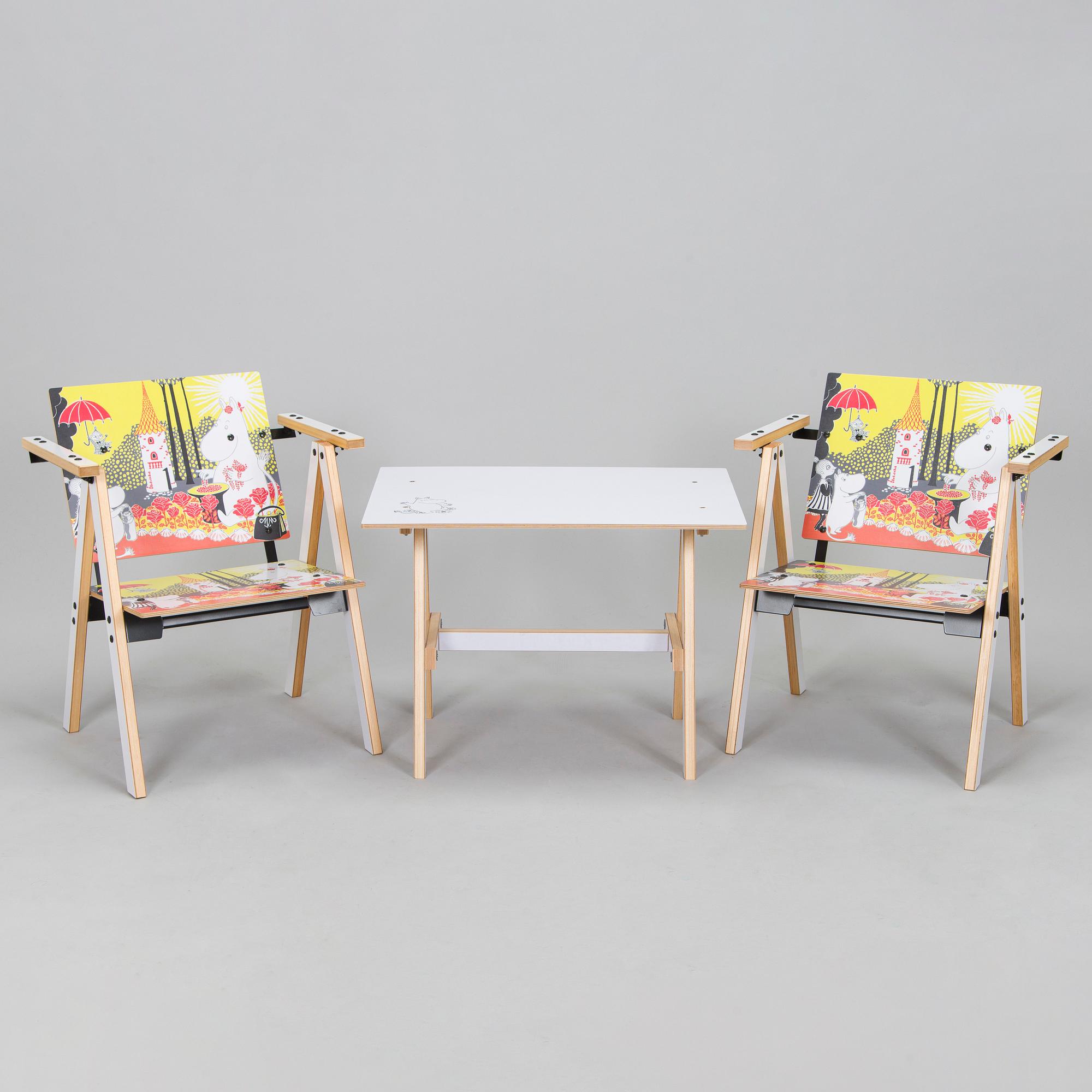 Yrjö Kukkapuro, Children's furniture, two 'Moomin S chairs'  and a table collaboration with Modeo and Moomin Characters.