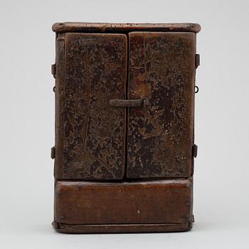 AN ALMSBOX/ALTAR CUPBOARD, painted wood, probably 17th century.