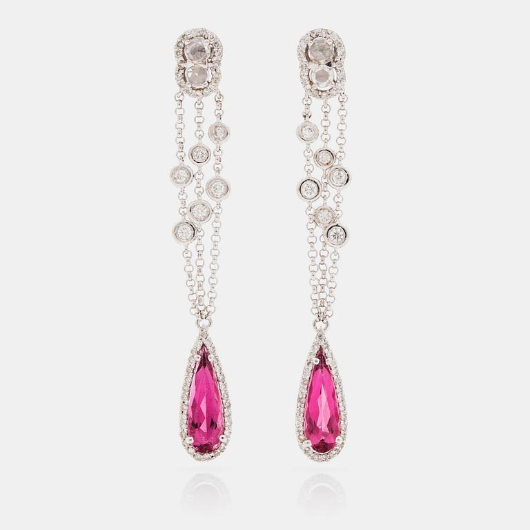 A pair of rubellite and brilliant- and rose- cut diamond earrings.