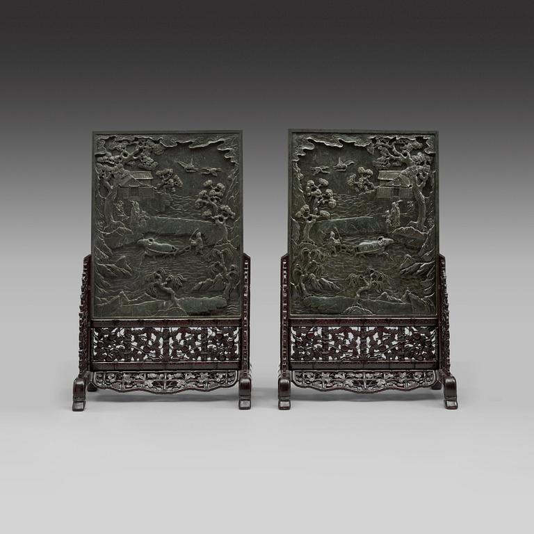 A pair of large nephrite screens, first half of 20th Century.