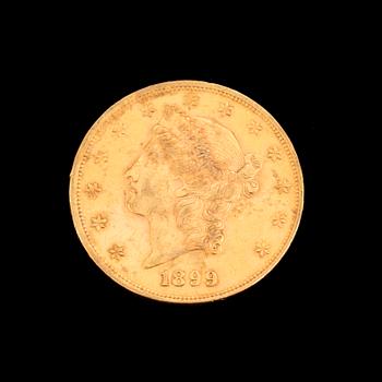 GULDMYNT, fine gold, 20 dollars, Liberty, USA. 1899. Vikt ca 33 g.