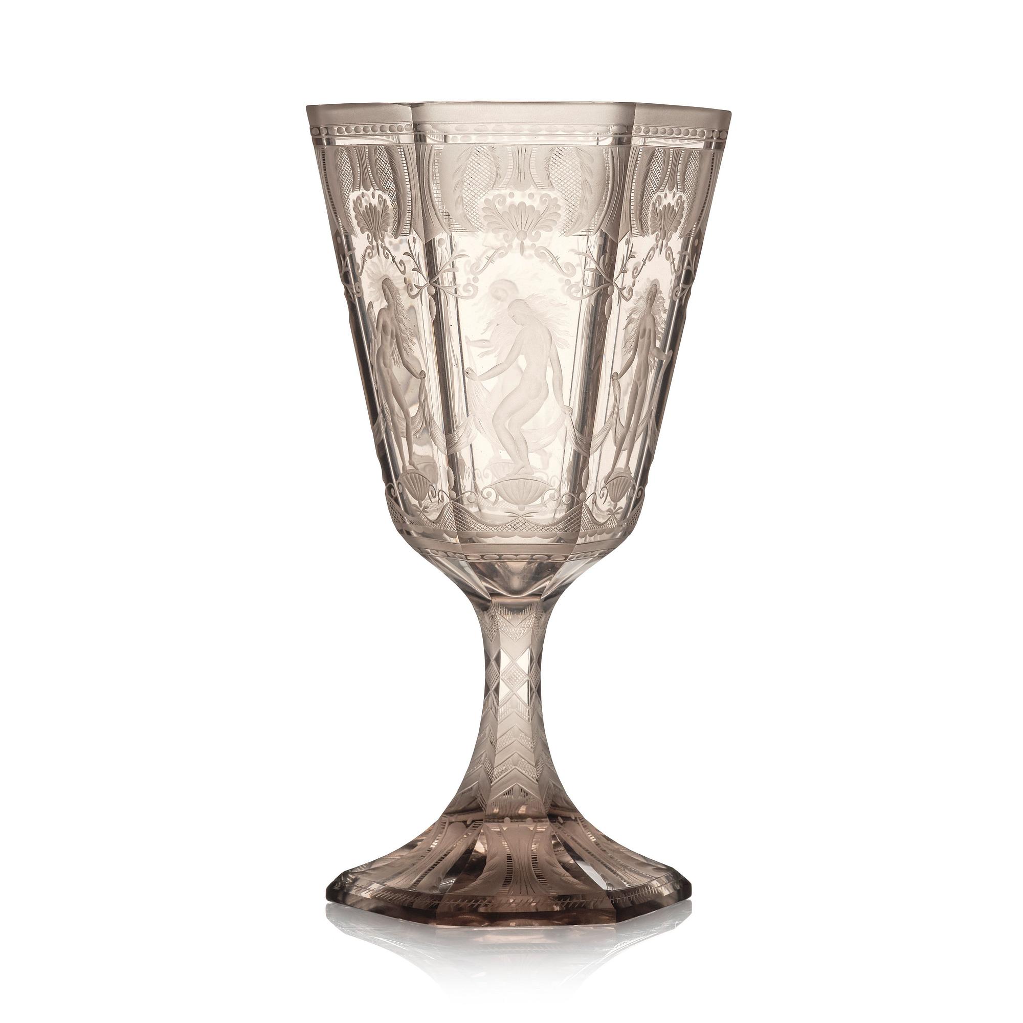 Simon Gate, pokal, graverat glas, "Sex Gracer", Orrefors, 1927.