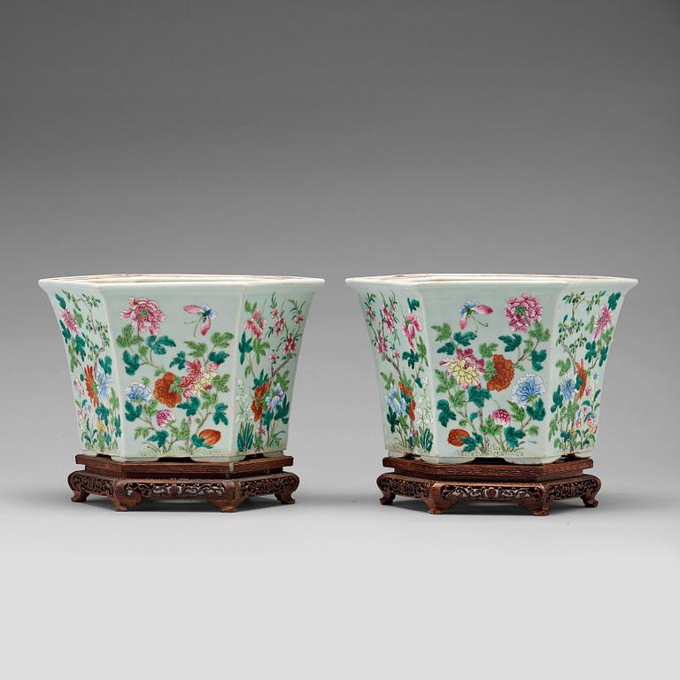 A pair of famille rose flower pots, Qing dynasty, 19th Century.