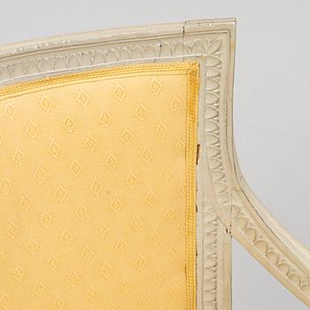 A matched pair of Gustavian armchairs, one signed by Johan Lindgren Stockholm.