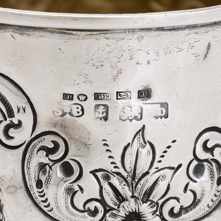 Sterling silver jam spoon, London 1802, and box, Birmingham 1901, and a Danish silver bowl, 1918.