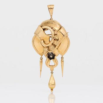 HÄNGE/BROSCH, 18K guld med en små söttvättenspärlor, troligen Guldvaru Dahlgren, Malmö, 1946-7.