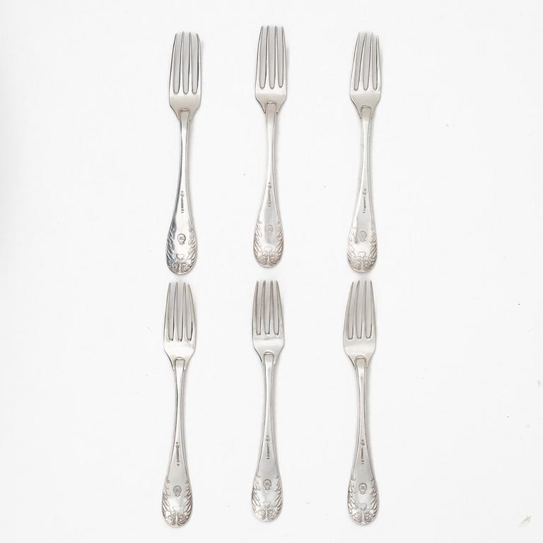Six Swedish silver forks, mark of Conrad Thulin, Landskrona 1829.