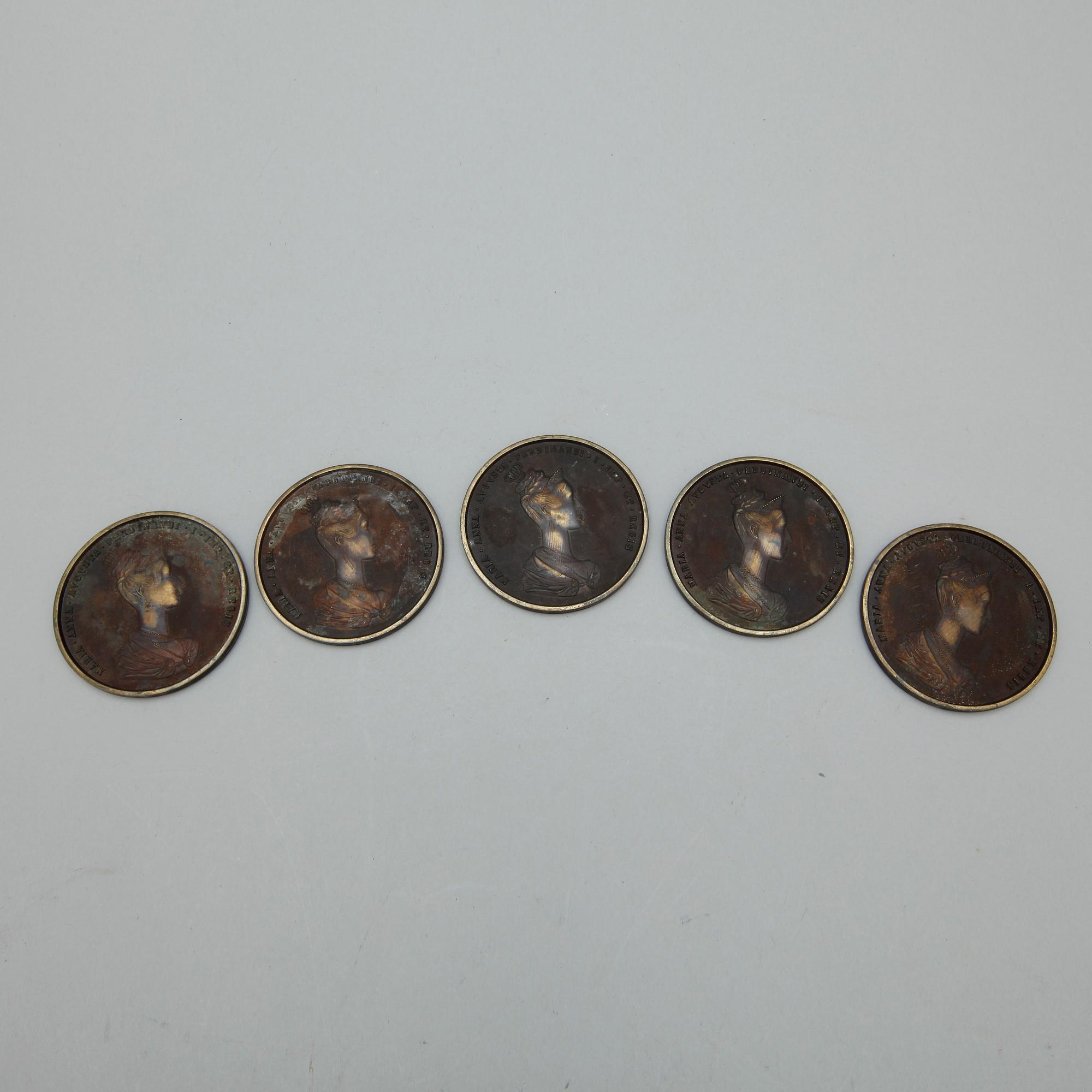 PLAKETTER, 5st, brons, senare avdrag, kröningsmedalj Ferdinand I och Maria Augusta, 1836.
