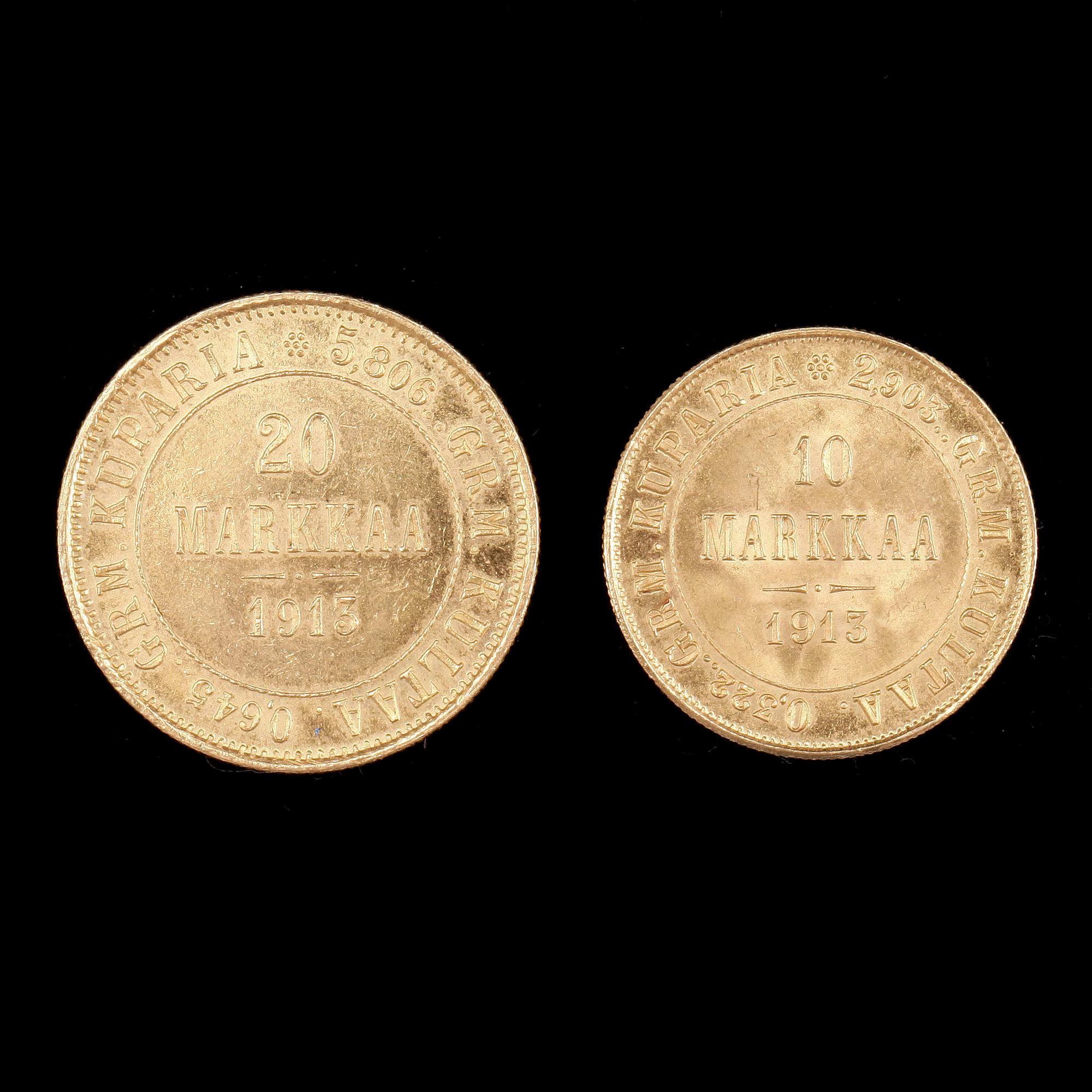 GULDMYNT, 2st, lägst 20k guld, 20 mark resp 10 mark, Finland/Ryssland, 1913. Totalvikt ca8,7g.
