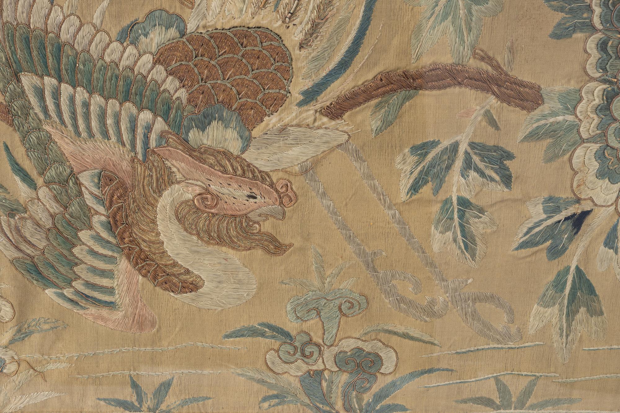 A pair of silk embroideries, China, Qing dynasty, 19th century.