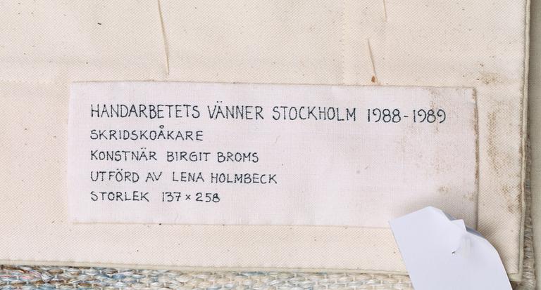 Birgit Broms, TAPESTRY. "Skridskoåkare". Tapestry variant with applications. 134 x 250,5 cm. Signed HAV LH B Broms.