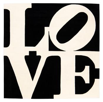 44. Robert Indiana, matto, "White on Black", Chosen Love, hand tufted in 1995, ca 243 x 247,5 cm.