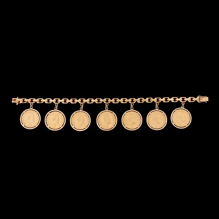 A charm bracelet, gold coins Oscar II. Weight 65 g.