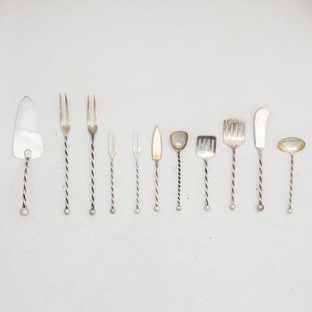 Serving utensils, 10 pieces, sterling silver, Jakob Grimminger, Schwäbisch Gmünd, Germany, circa mid-20th century.