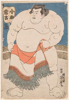 UTAGAWA YOSHITORA (c.1830-c.1880), color woodblock print. Japan, 1840's. '"Koyonagi Tsunekichi'.