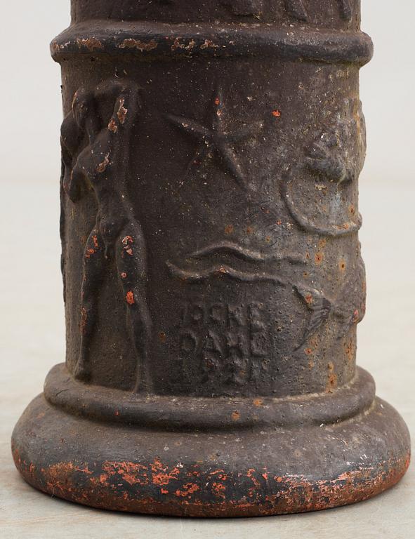 A Johannes Dahl copper and black lacquered cast iron sundial on column, Näfveqvarns Bruk.