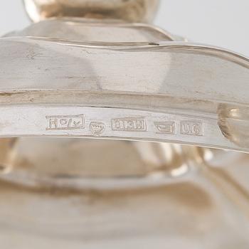 A silver coffee pot, sugar bowl, cream jug, and sugar tongs, Finland 1926-49.