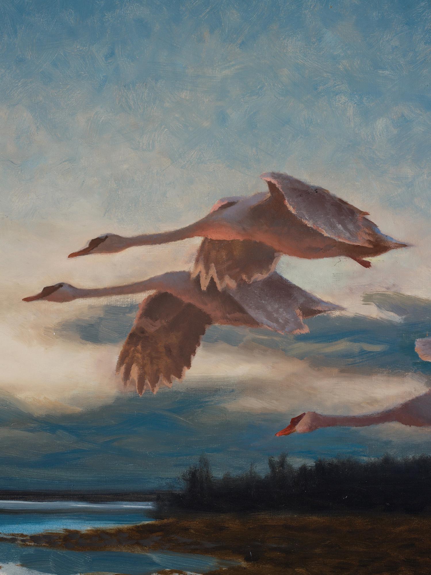 Bruno Liljefors, Twilight landscape with stretching swans.