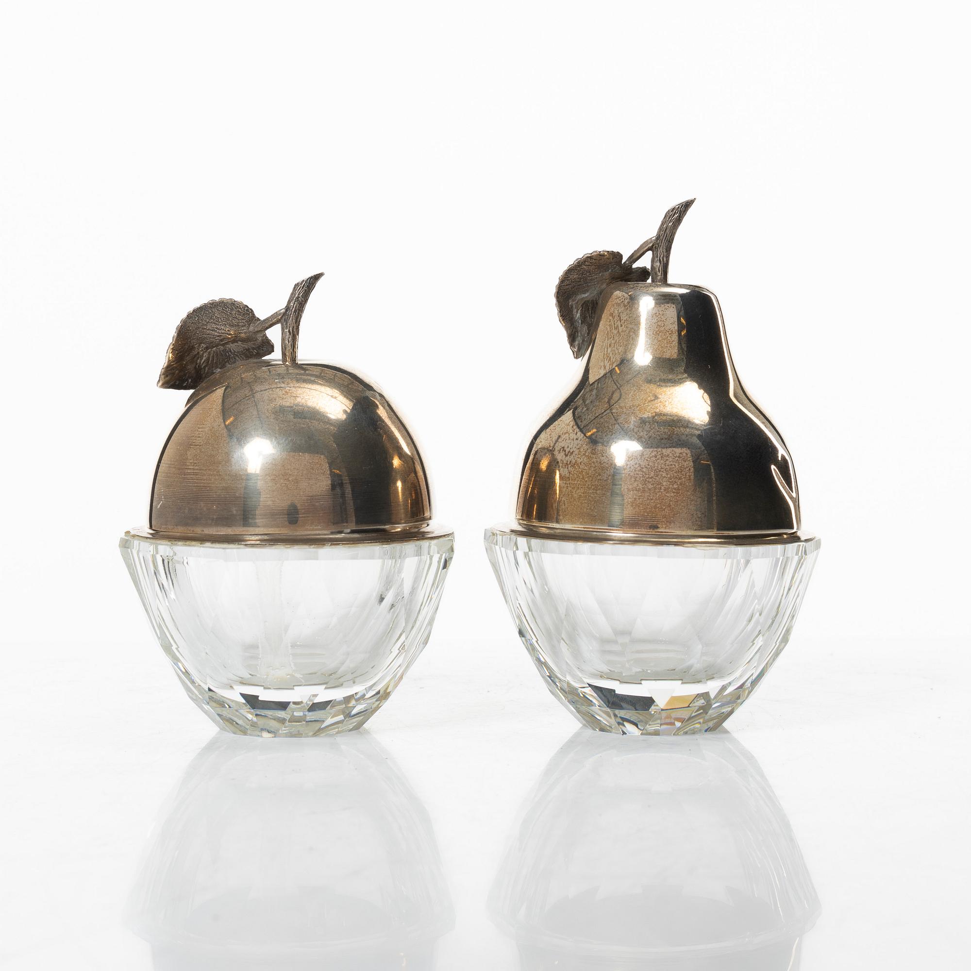 Skålar med lock, 2 st, glas och silver, 1900-tal.