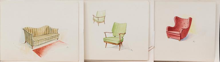 MÖBELRITNINGAR, 20 st, akvareller, 1940-tal.