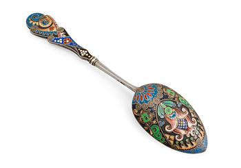 383. A SPOON, 88 silver, cloisonné enamelling. Feodor Rückert, Moscow 1908-17.