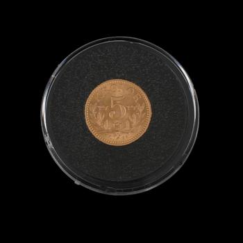GULDMYNT, 5 kronor, Oscar II, 1901, vikt ca 2 g.