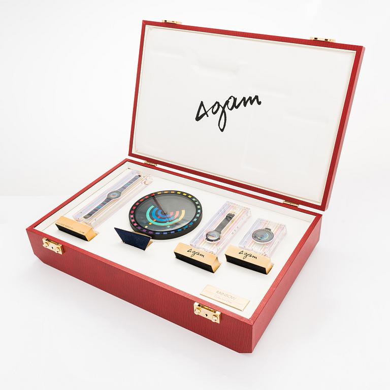 Yaacov Agam, Movado, "Rainbow", Two wrist watches, a table clock and a pocket watch.