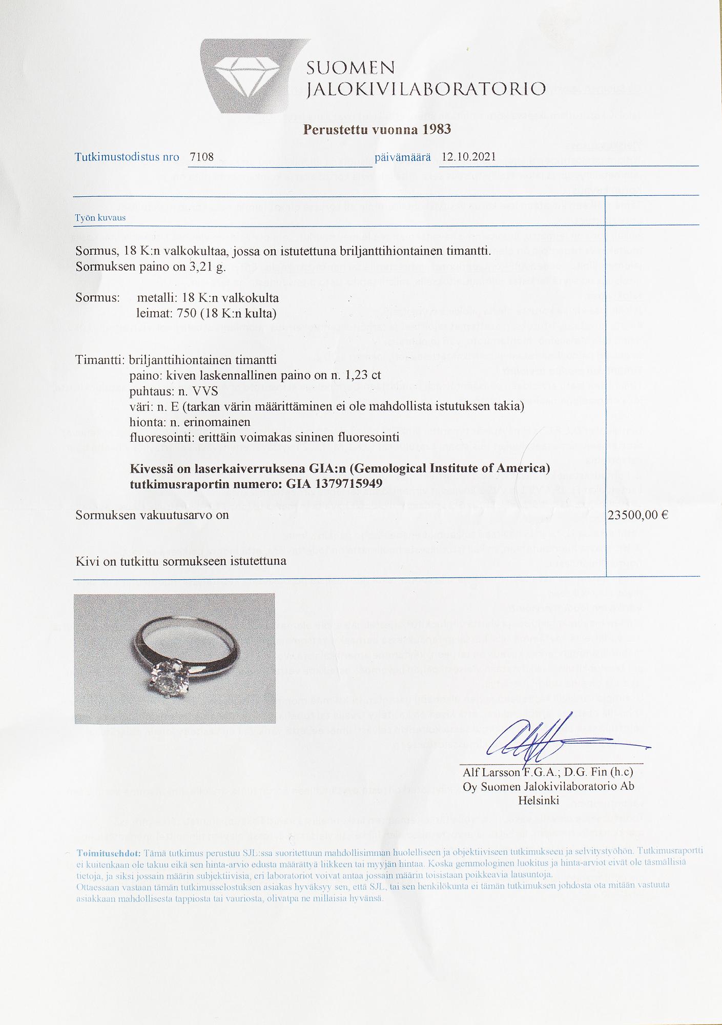 An 18K white gold ring with a ca 1.23 ct brilliant-cut diamond. With GIA certificate.